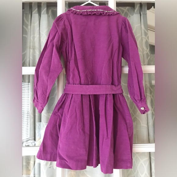 Purple mini-cord dress, green floral pattern on buttons, bow, & collar EUC - Picture 5 of 6